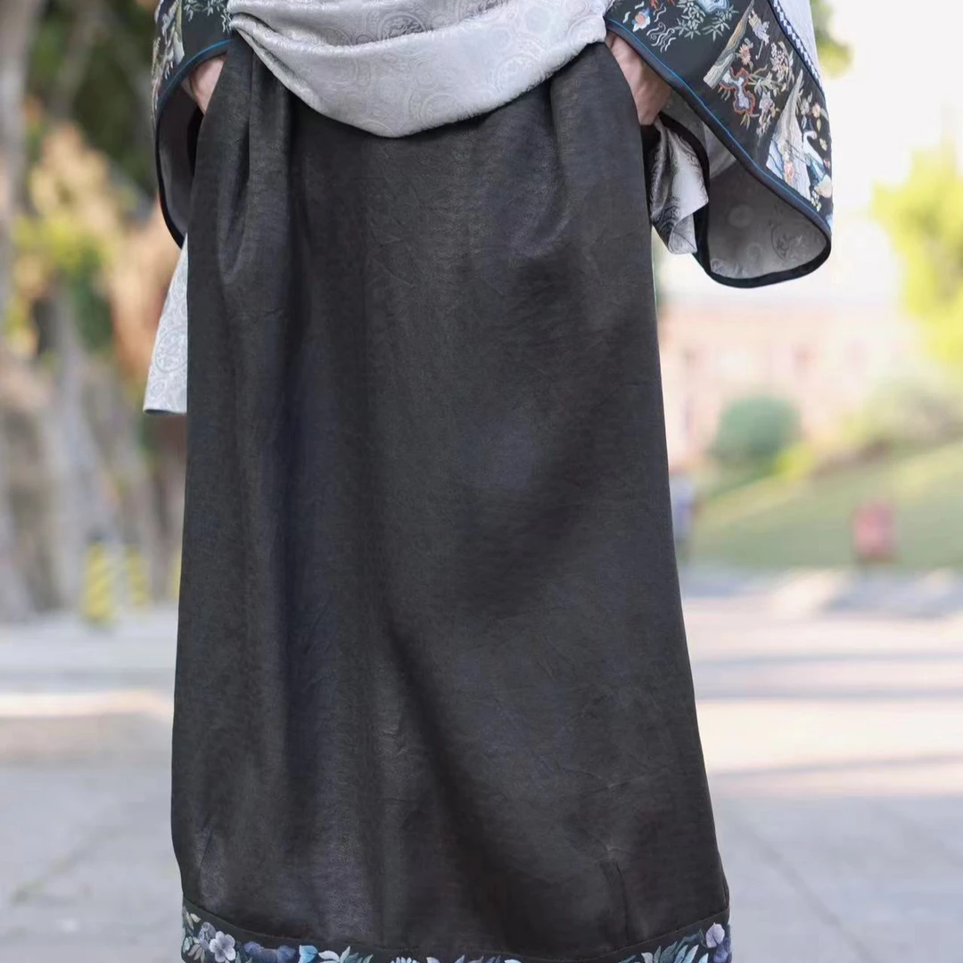 【美人词】景罗国风黑色香云纱宽松绣花裤子