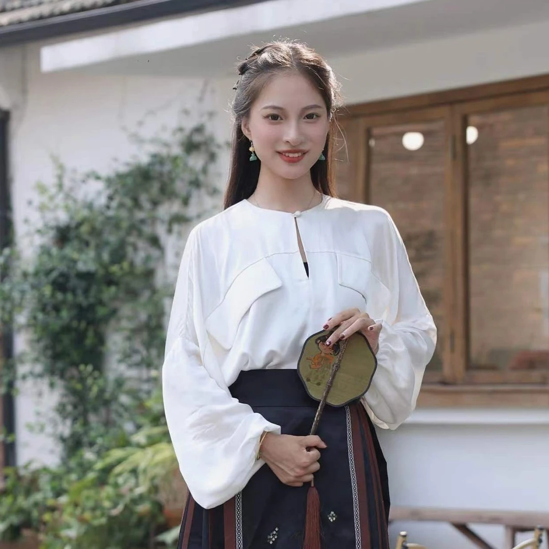【花娇女】景罗国风时尚休闲宽松百搭常规圆领白色夏季打底衬衫女装