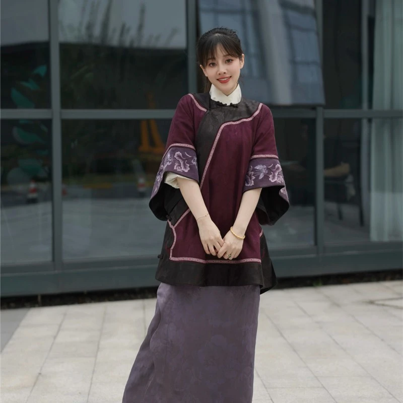 【醉花番】景罗国风紫色圆领斜襟手绣香云纱提花如意头宽松上衣