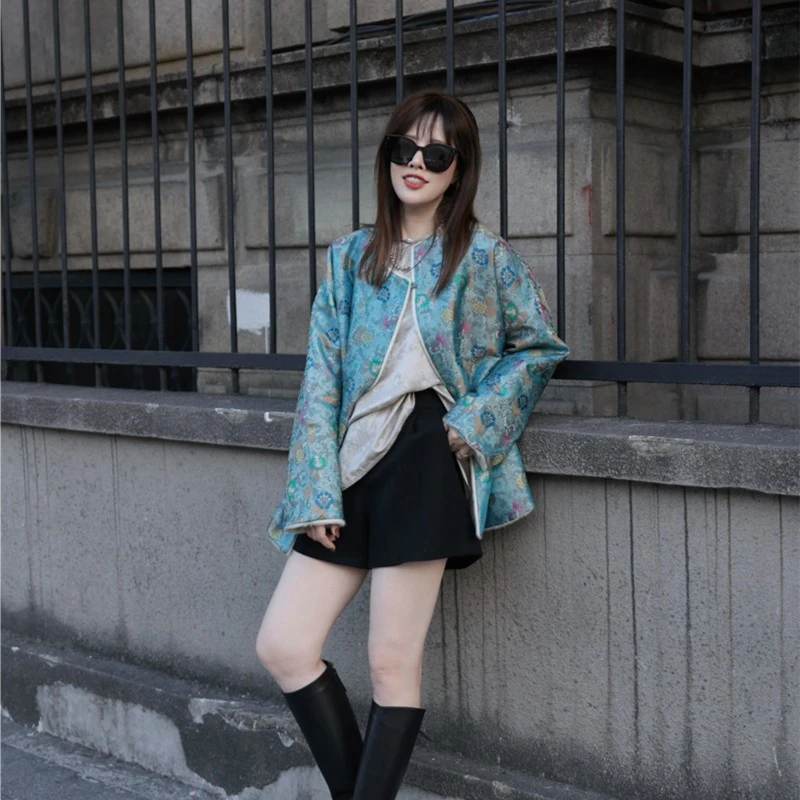 景罗【跨金鸾】国风白色圆领宽松百搭长袖新中式加厚冬款上衣外套