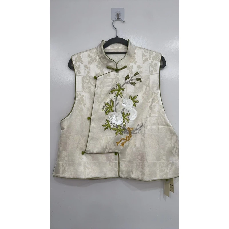 【靖云冠】景罗国风白色圆领斜襟手绣绣花款式百搭中式马甲