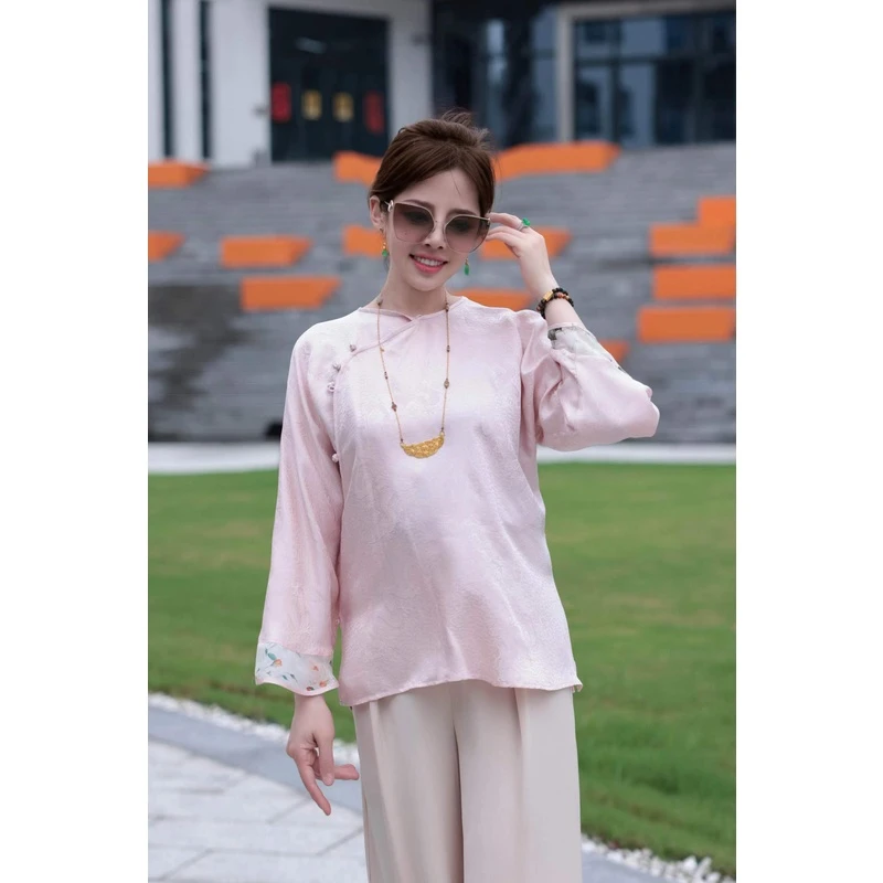 景罗【贰拾怡】夏季新款新中式新国风宽松百搭女士桑蚕丝上衣E0043