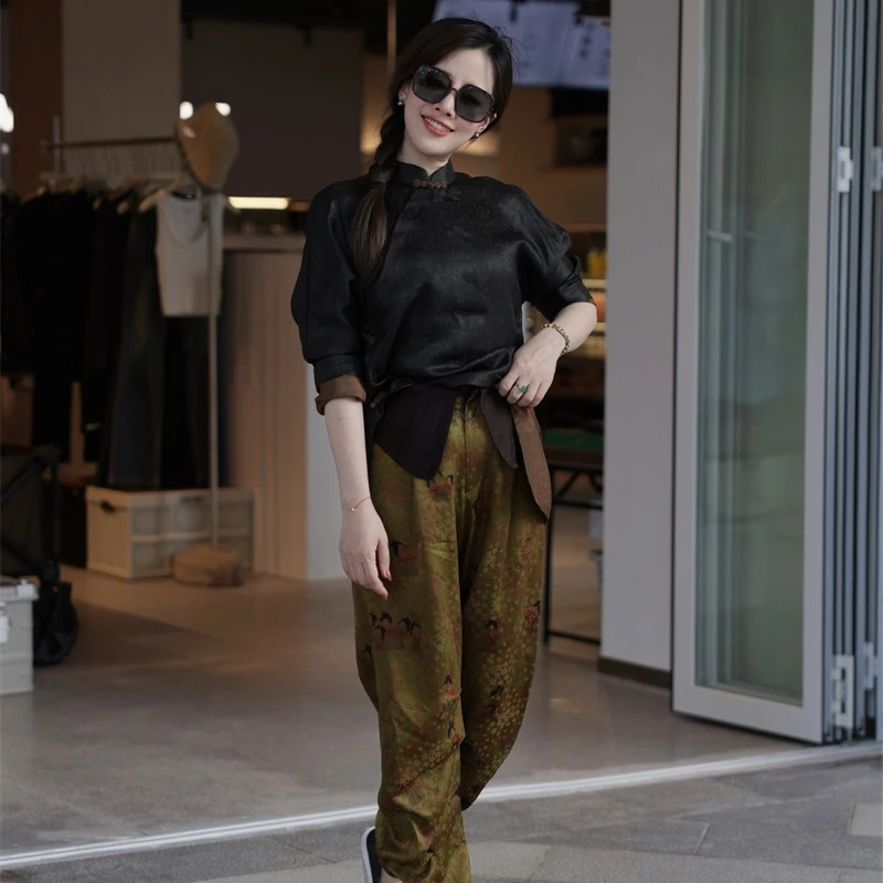 【金浮图】景罗国风黑色香云纱提花夏季宽松收脚裤子