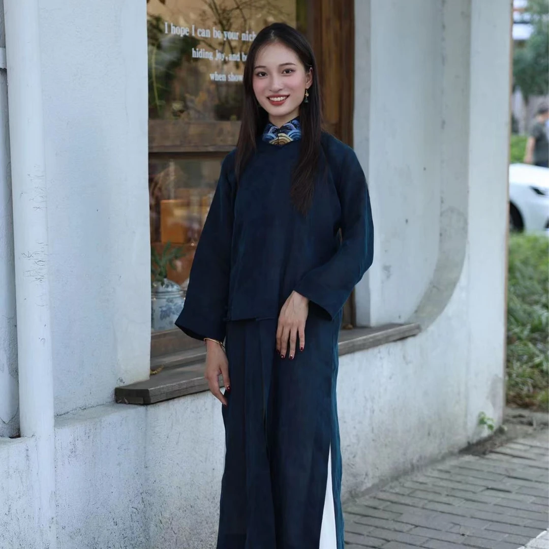 【万年春】景罗国风香云纱蓝色海水江崖纹绣花立领斜襟连衣裙