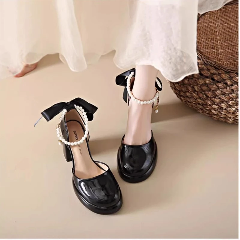 高跟单鞋女2024夏季新款防水台小个子粗跟珍珠玛丽珍优雅公主仙女