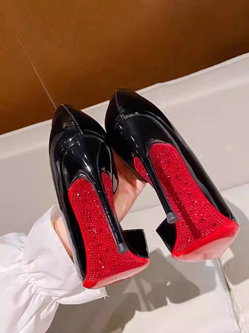 2025新k红底水钻御姐细跟高跟黑色单鞋尖头漆皮性感斩男女鞋秋冬
