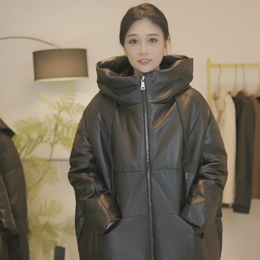 98088新款海宁绵羊皮真皮鹅绒服女石墨烯中长款连帽阔版外套休闲