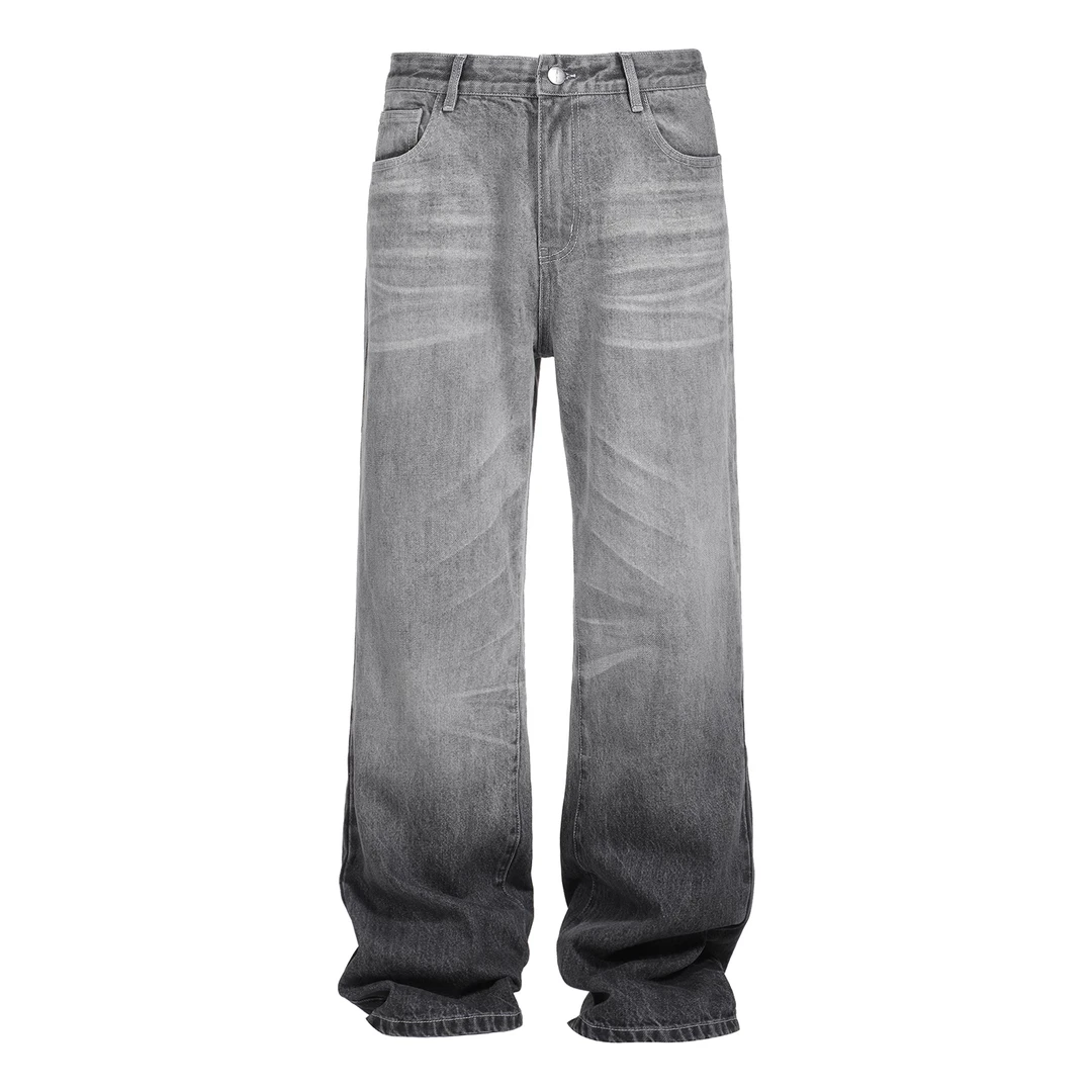 【TZ killer】GrayDenim撞色灰色洗水牛仔裤立体抓痕猫须阔腿长裤