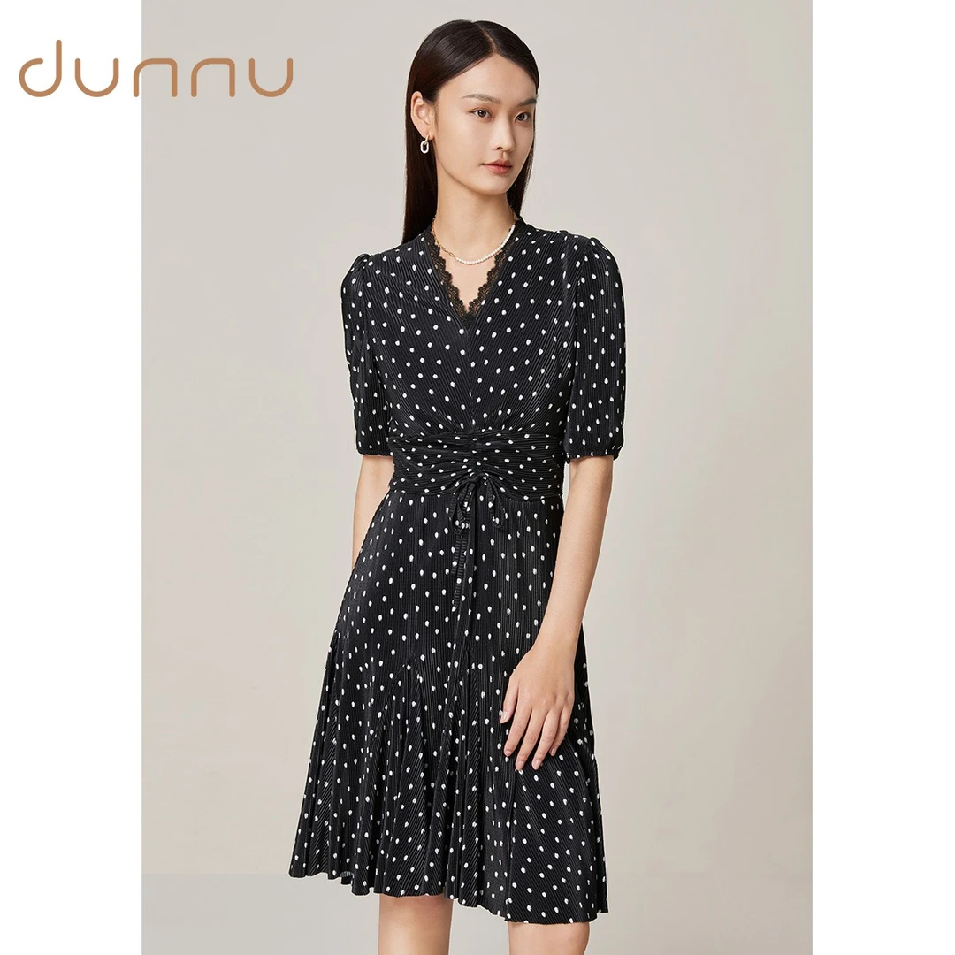dunnu敦奴蕾丝拼接V领性感抽绳中长款连衣裙收腰法式DR150910
