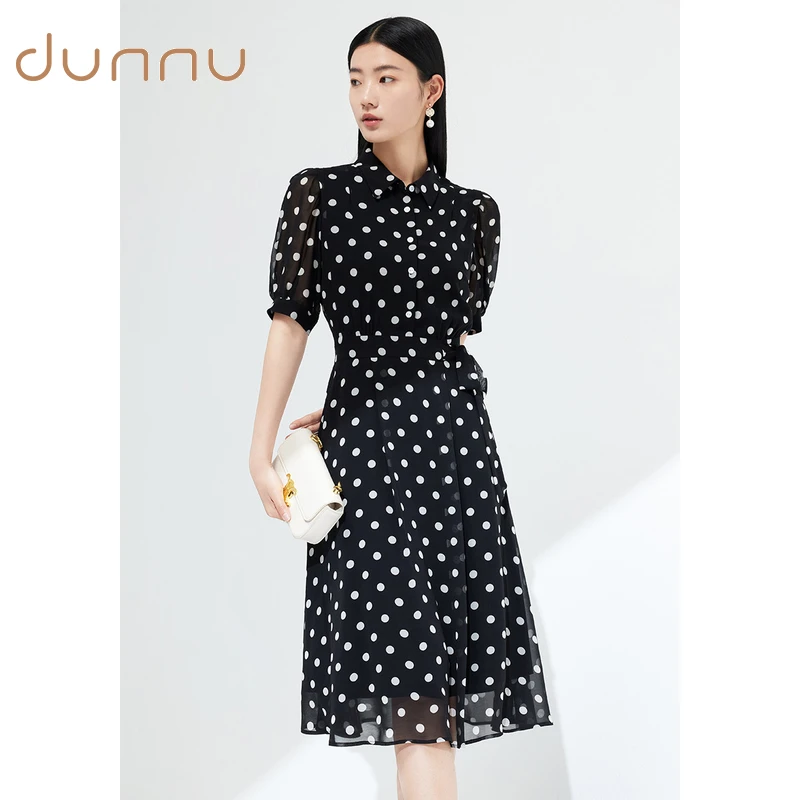 dunnu敦奴早春法式复古显瘦收腰波点修身优雅女装连衣裙8S250912