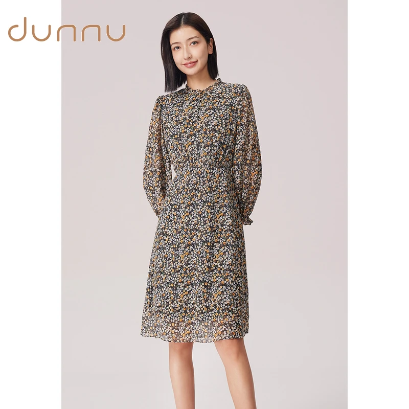 dunnu敦奴官方旗舰店秋新款法式木耳领泡泡袖印花雪纺连衣裙