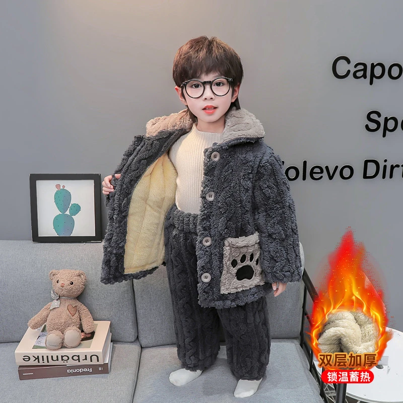 男童冬季睡衣三层加厚儿童珊瑚绒夹棉卡通法兰绒男宝宝家居服套