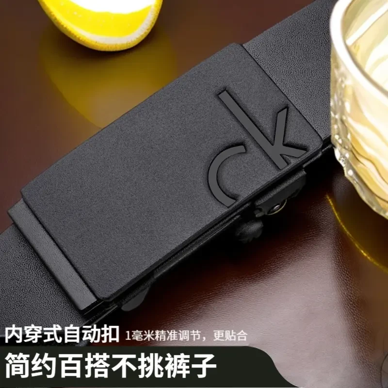 内穿隐形真牛皮皮带简约高档腰带男式时尚磨砂哑黑色自动扣裤带