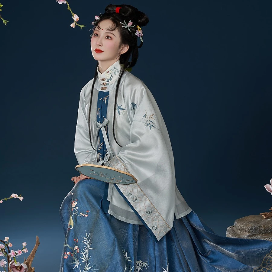 钟灵记【竹枝词】圆领半袖对襟衫纱立领一片式马面裙仿苏绣2021女