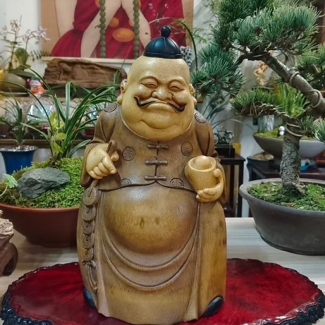 竹根雕老财主中式玄关装饰木雕家居橱窗装饰摆件招财复古创意财神