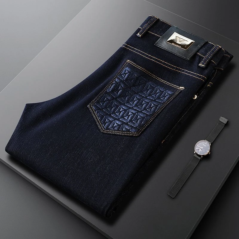 轻奢品质2023秋冬深蓝色牛仔裤男修身磨毛小直筒长裤男士休闲裤子