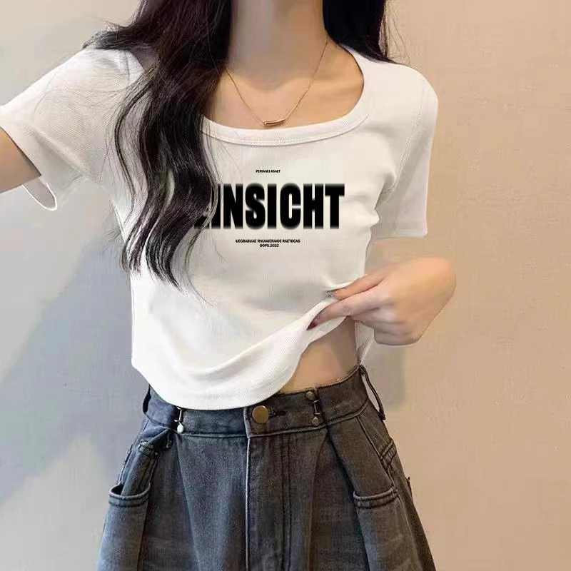 显瘦纯欲修身辣妹弧形下摆法式方领短款白色T恤女夏正肩短袖上衣