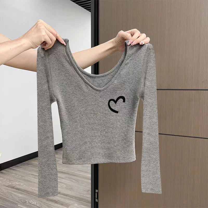 纯欲辣妹设计感前后两穿秋冬V领短款上衣女修身正肩长袖T恤打底衫