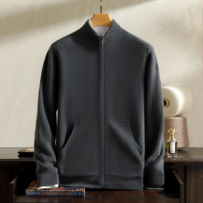 男士纯山羊绒430克马鞍肩长袖半高领LP同款大兜休闲百搭拉链开衫