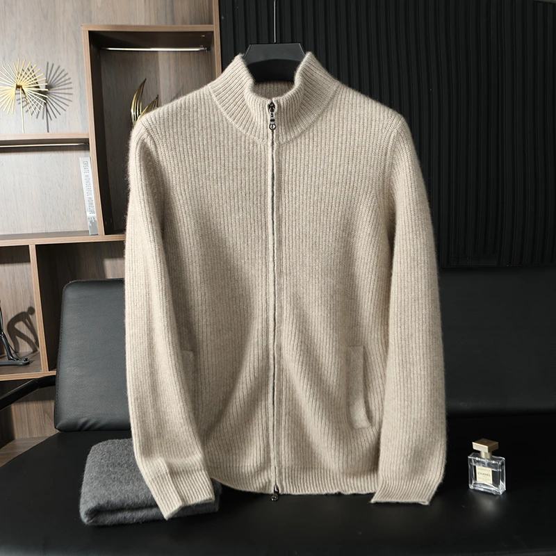 【不议价】男士纯山羊绒元宝针长袖插肩半高领加厚款带兜拉链开衫