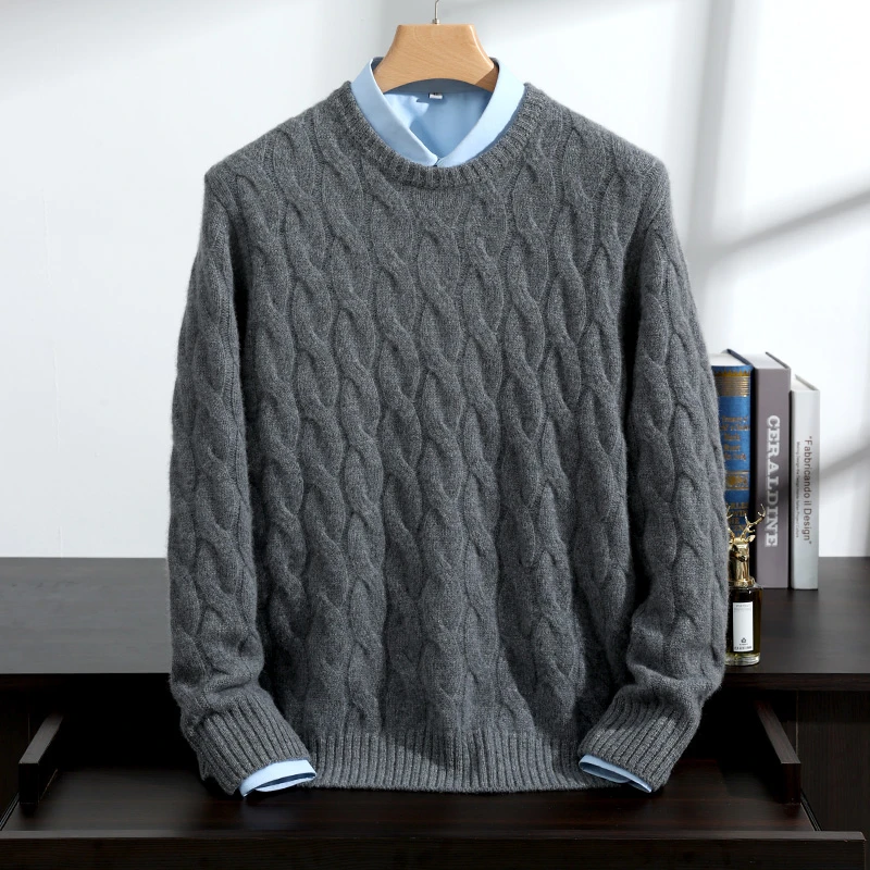 男士纯山羊绒510克长袖圆领5针3股重磅加厚大麻花时尚百搭套头衫