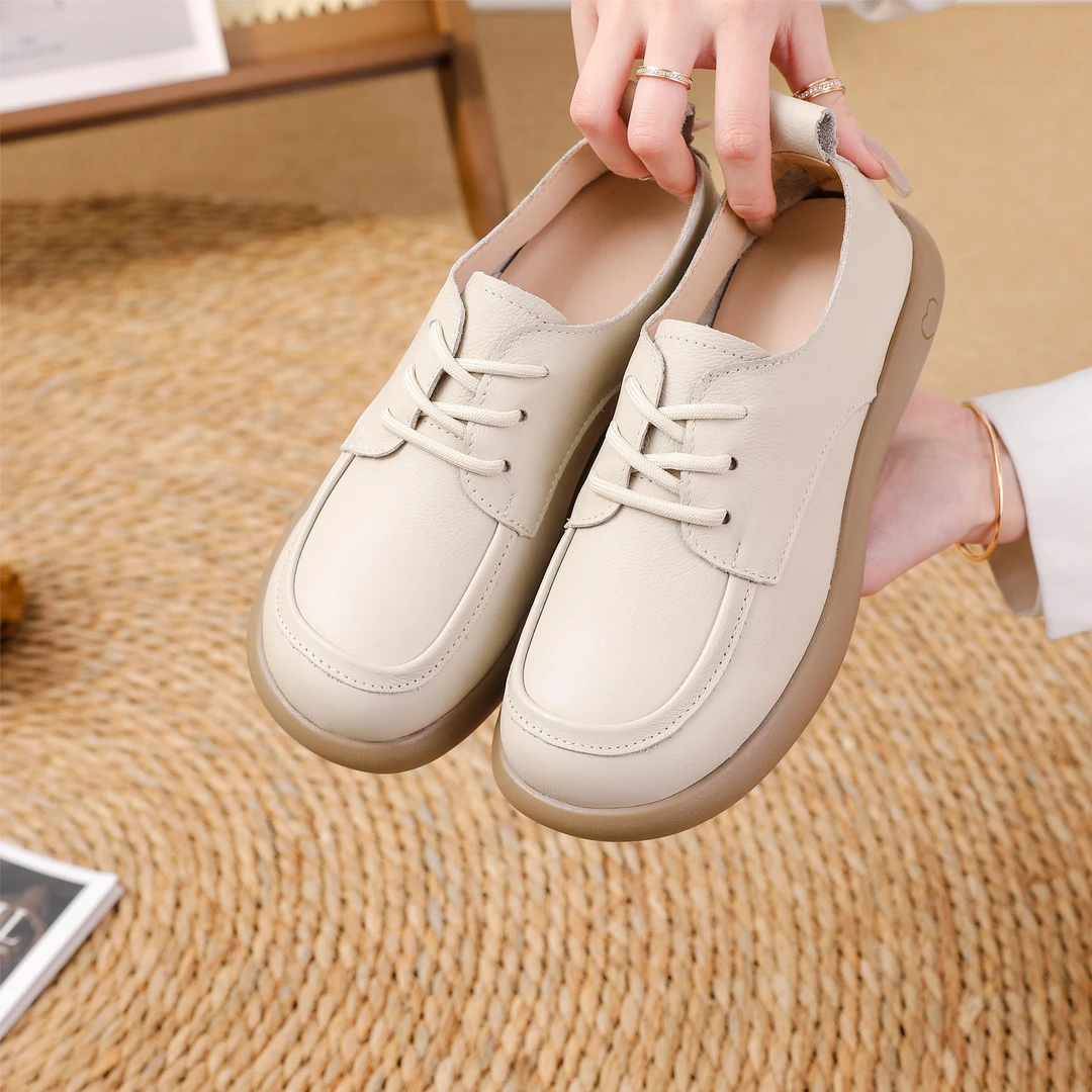 头层牛皮小白鞋女单鞋豆豆鞋平底妈妈鞋休闲春季皮鞋四季软底软皮