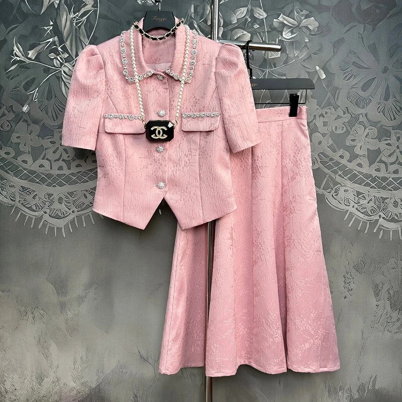 直播高级感小香风套装女夏新款法式轻奢短袖上衣半身裙两件套