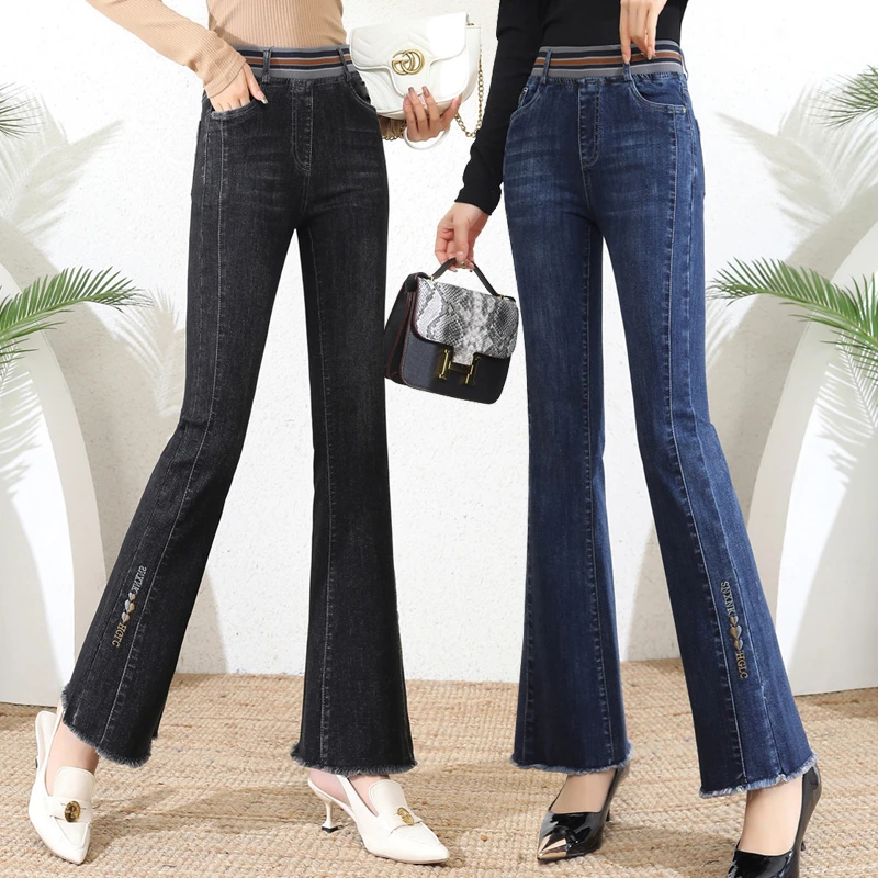 松紧腰牛仔裤女士2023春秋季新款宽松微喇裤高腰显瘦长裤子喇叭裤