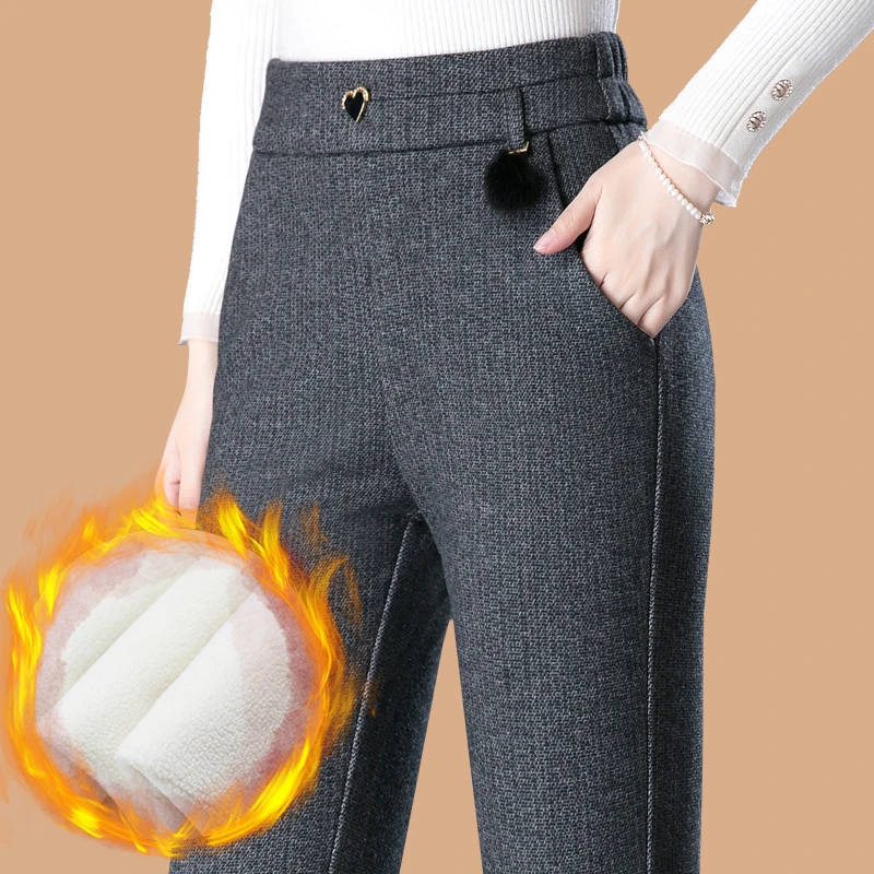 松紧腰休闲裤女士2024冬季新款加绒加厚微喇裤高腰显瘦鱼尾裤长裤