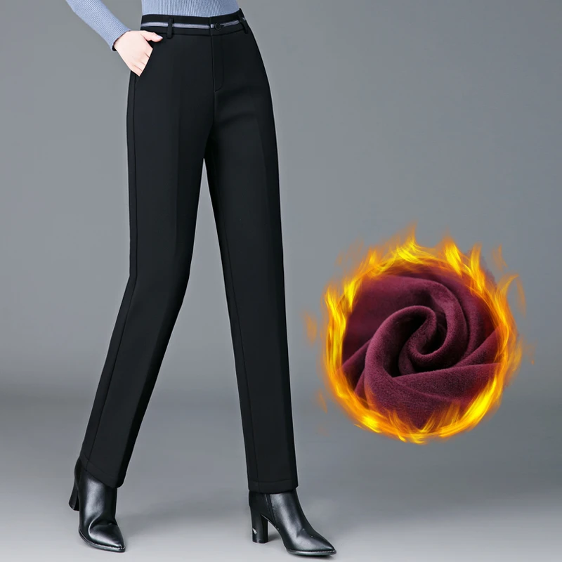 2023冬季新款加厚直筒裤中年女士高腰加绒休闲西装裤显瘦秋冬裤子