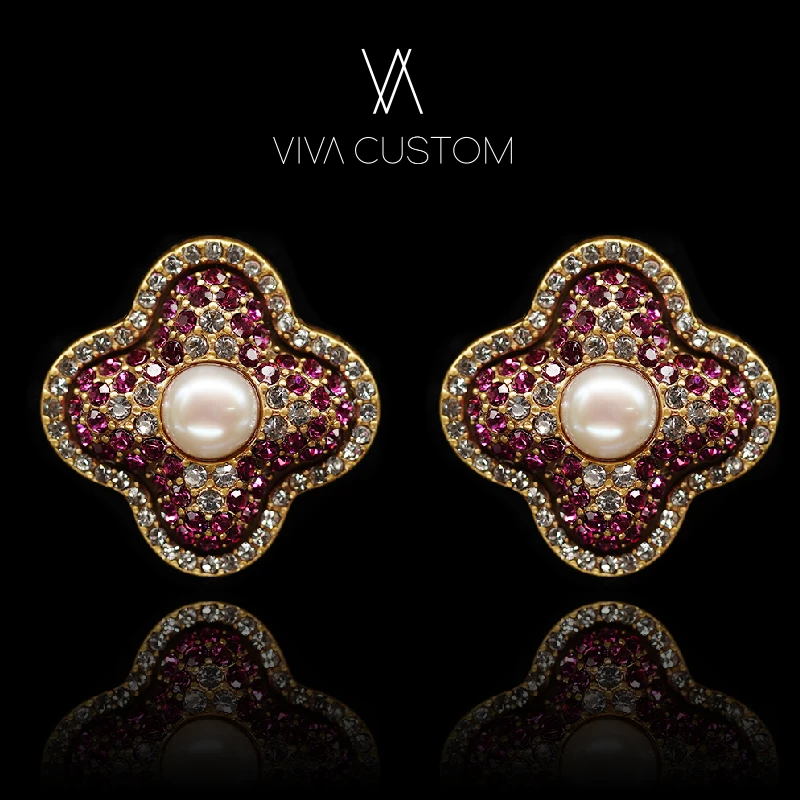 合金合成锆石耳饰 【子瑜】(珠华旧梦系列)满镶四叶花耳钉 ZE023