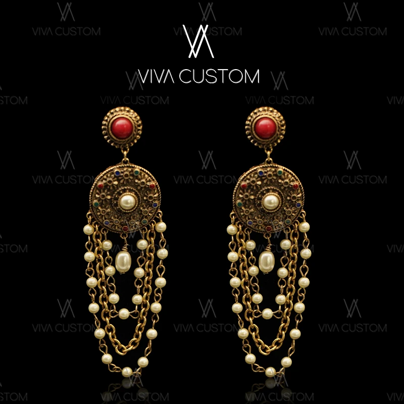 合金仿珍珠耳饰 （民族风系列）复古精致彩绘异域风情月色回廊耳钉