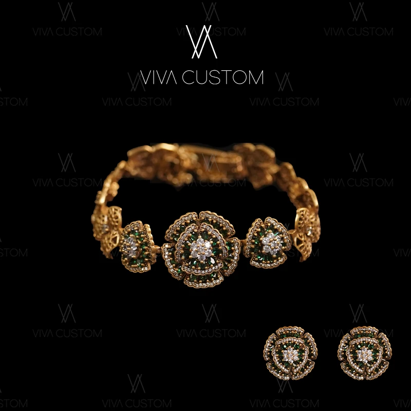 铜合金合成锆石耳饰 （鎏金岁月系列）精致百搭立体花朵套装