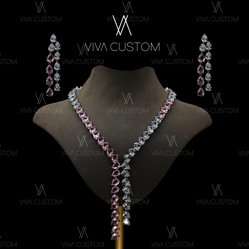 合金合成锆石耳饰 摩根粉水滴双色套装/