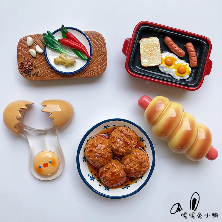 暖暖兔创意树脂冰箱贴立体仿真食物四喜丸子早餐锅笑脸鸡蛋磁性贴