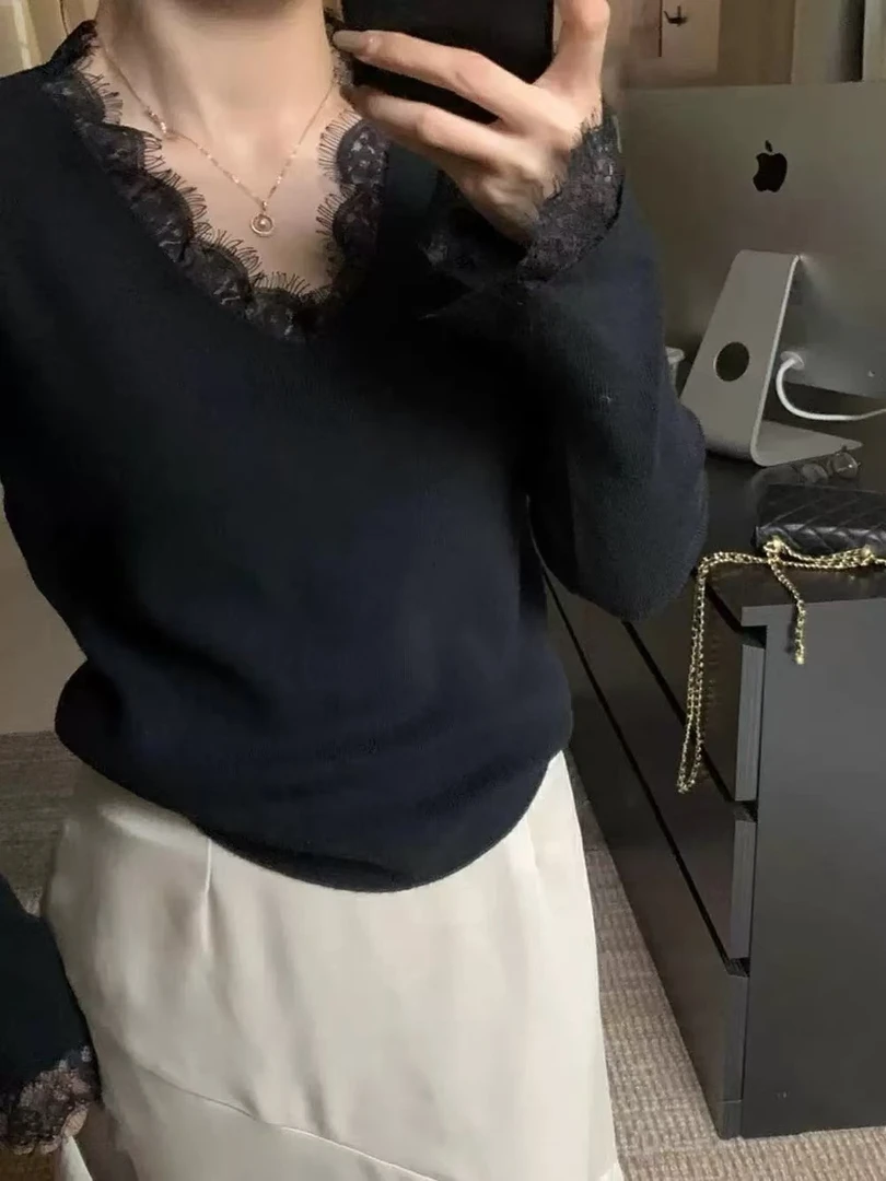 2024女士新款蕾丝v领针织衫