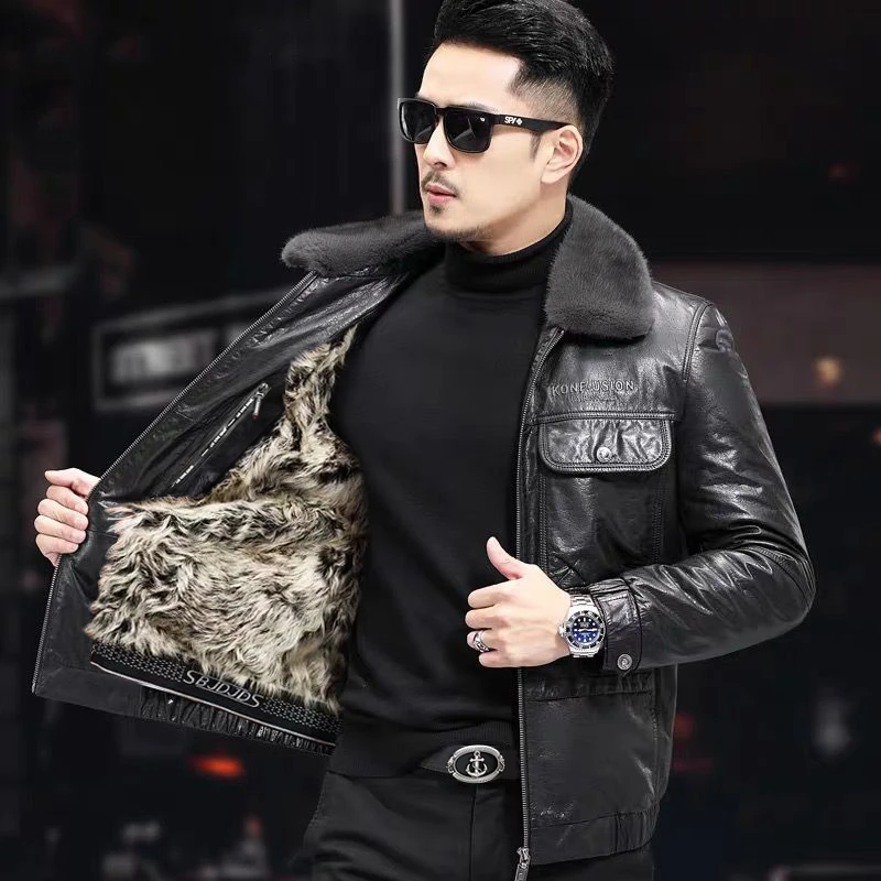 2025年新款海宁真皮头层牛皮皮衣男士山羊毛短款皮夹克WZR2103-2