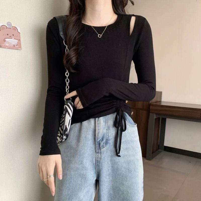 露肩气质长袖t恤女2025春秋新款修身不规则抽绳打底衫百搭上衣潮