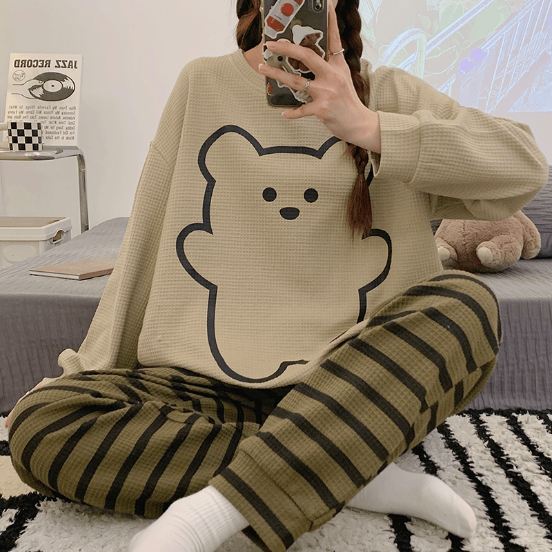 可爱睡衣女春秋季休闲长袖薄款宽松华夫格纯棉甜美家居服学生套装