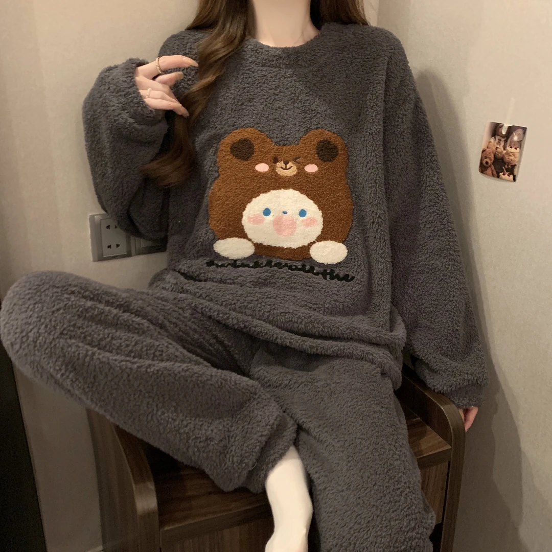 睡衣女大童青少年珊瑚绒加厚加绒少女孩高中生初中学生秋冬季套装