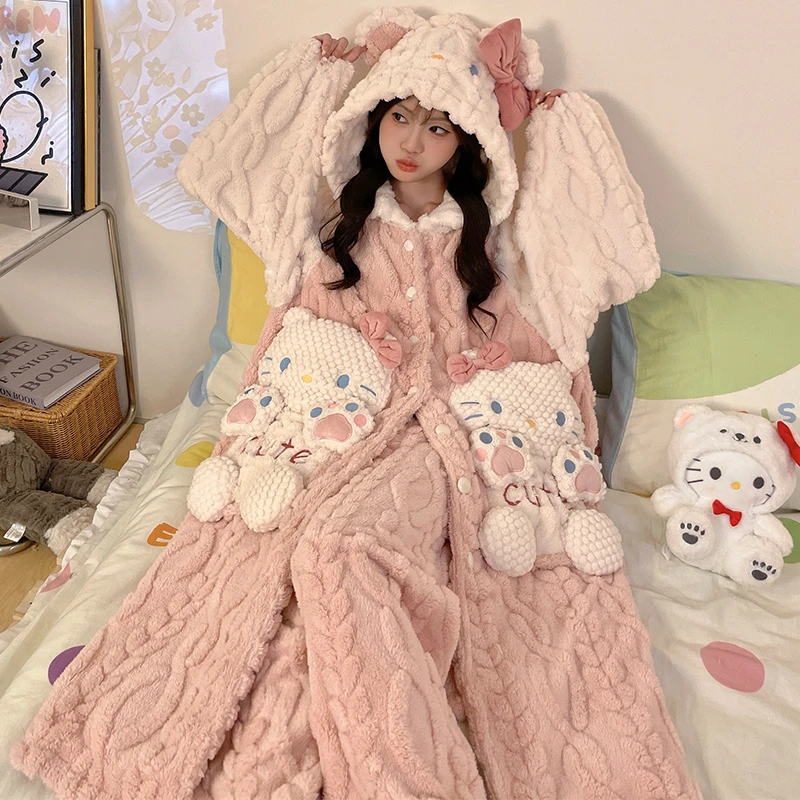 睡衣女珊瑚绒秋冬季可爱学生卡通睡袍法兰绒加绒加厚女孩浴袍套装