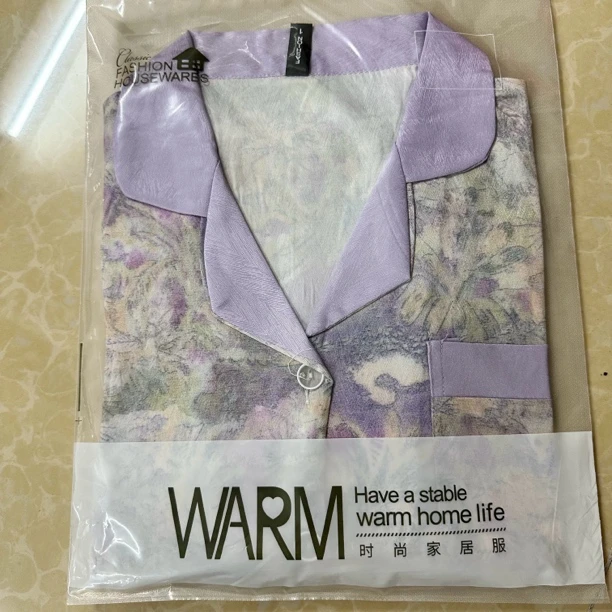 鹏紫色山水短裤短袖长裤三件套不带胸垫睡衣女