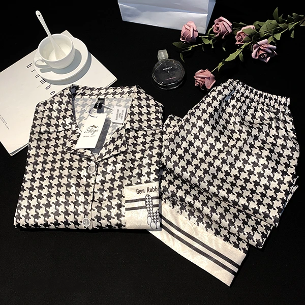白黑千鸟格两件套长裤长袖不带胸垫睡衣女家居服