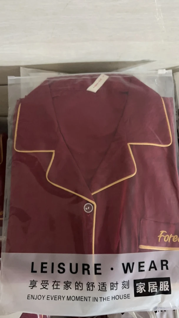 鹏红千鸟格长裤长袖不带胸垫两件套睡衣女