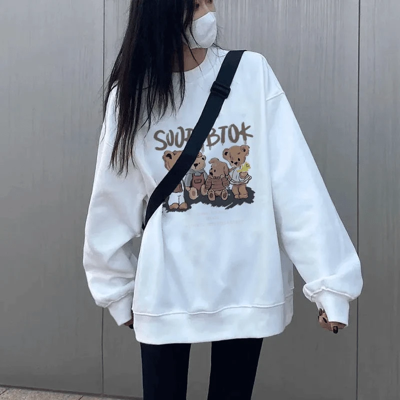 Y111爆款白色卫衣女圆领无帽新款印花欧货大版慵懒风上衣服