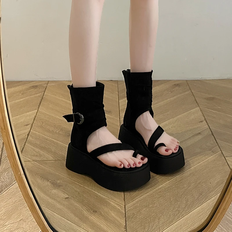 7cm厚底裤管凉靴女2025夏季新款小个子软底套趾凉鞋增高罗马女鞋