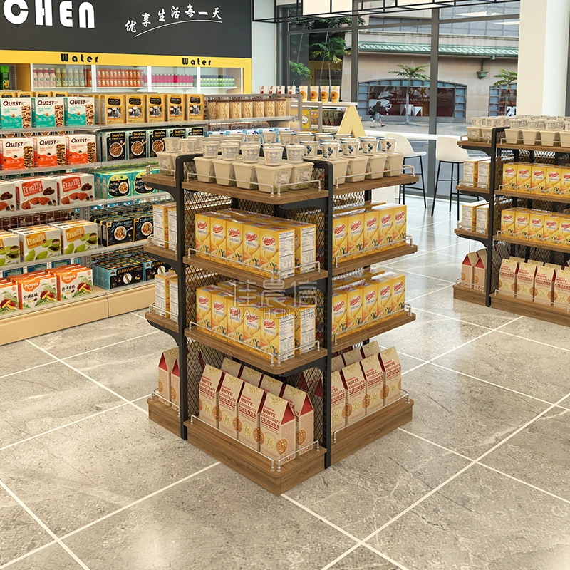 佳晨信零食展示架便利店超市货架钢木四向中岛展示柜多层美观大方