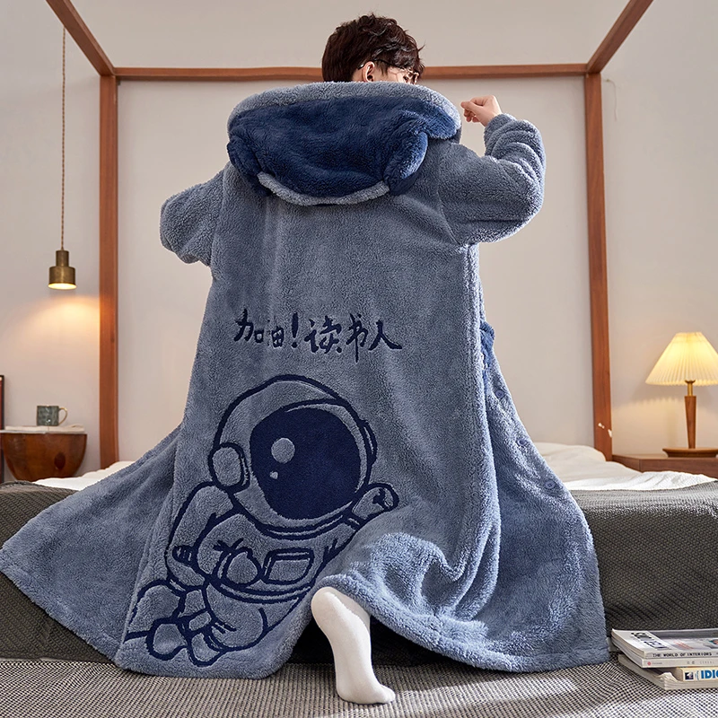 男士睡衣长袍冬季睡袍珊瑚绒加厚加绒青少年秋冬款保暖家居服套装