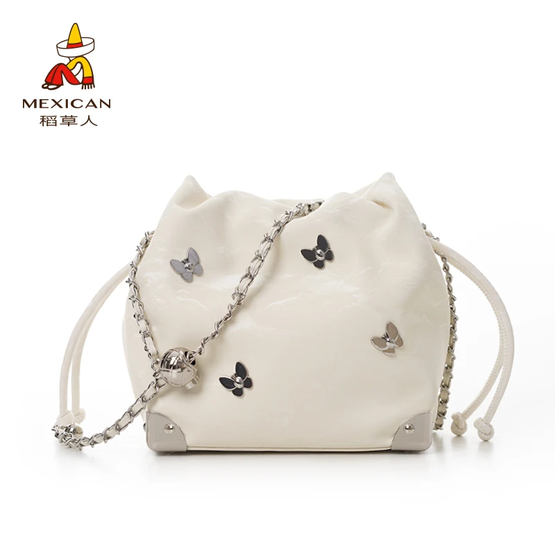 稻草人2025新款轻奢时尚潮流女包蝴蝶铆钉包链条包水桶包斜挎包