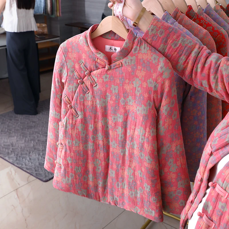 纯棉花手工棉衣斜襟中式冬装 女士加厚保暖棉纱棉袄盘扣修身棉服